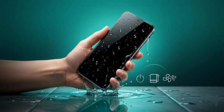 Android phone wet with water droplets being removed from water to prevent damage