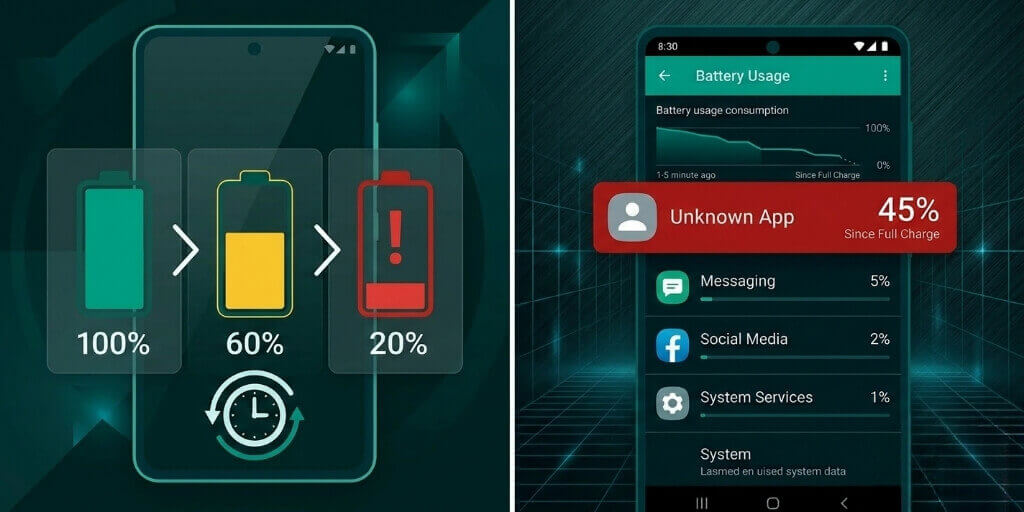 Android phone battery is draining fast with the Settings Battery Usage screen showing the culprit app. Real Solutions Guide 2026