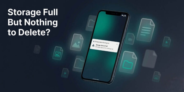Android phone showing storage full warning with hidden ghost files in background. How to fix Android storage full after deleting files.