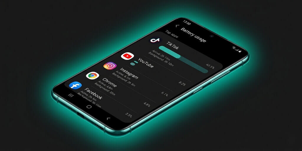 Android battery usage screen showing TikTok app consuming high battery compared to other apps