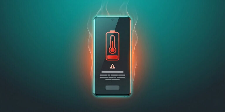 Android phone showing high temperature warning with heat glow on a dark teal background