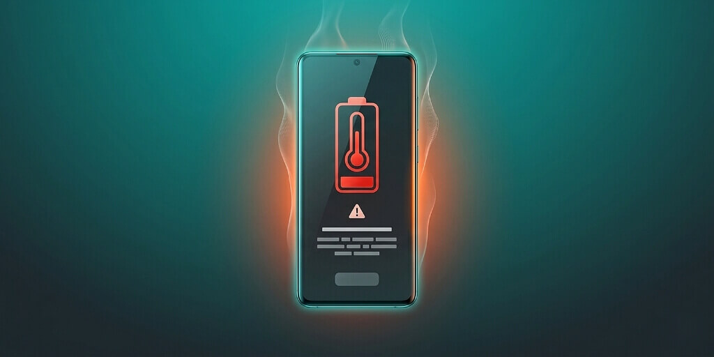 Android phone showing high temperature warning with heat glow on a dark teal background