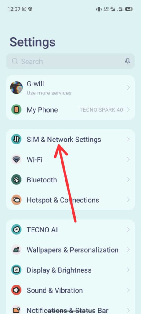 Click Sim & Network Settings