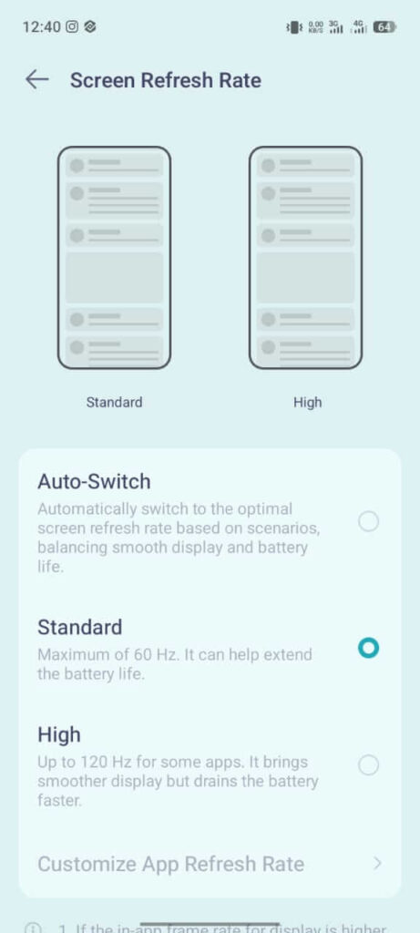 Click Standard for 60hz to save battery
