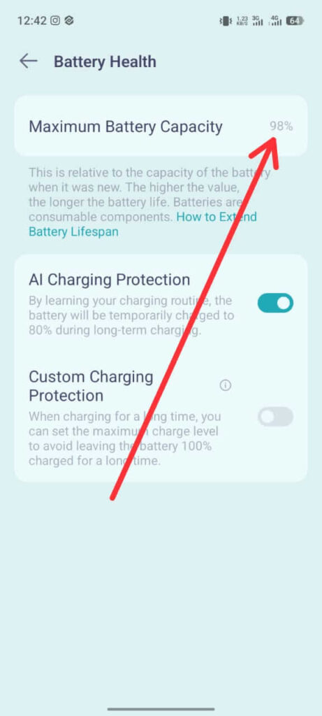 maximum battery capacity is 98%